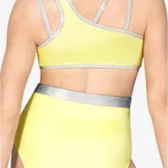 Double Platinum Girls One Shoulder Performance Leotard Yellow silver CL NWT - Picture 2 of 9